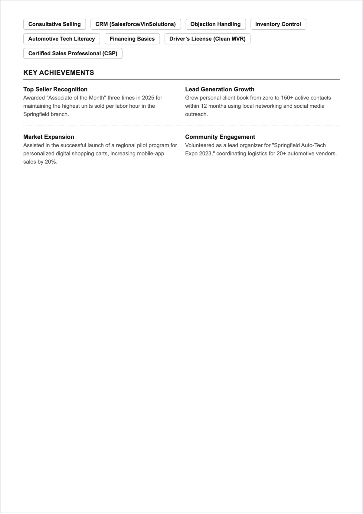 Free Entry-Level Car Salesman ATS Resume Template, AI Resume Builder