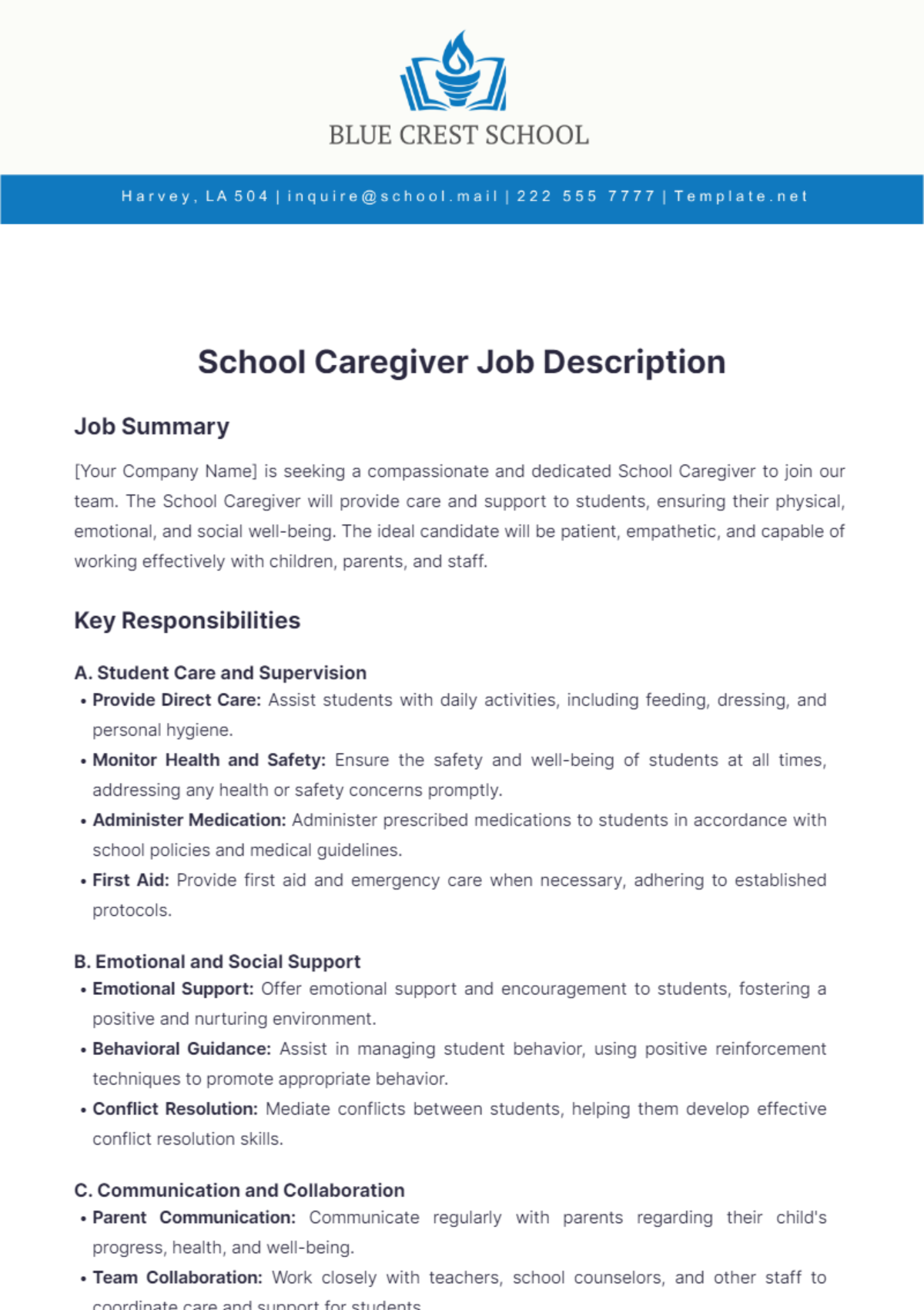 School Caregiver Job Description Template - Edit Online & Download