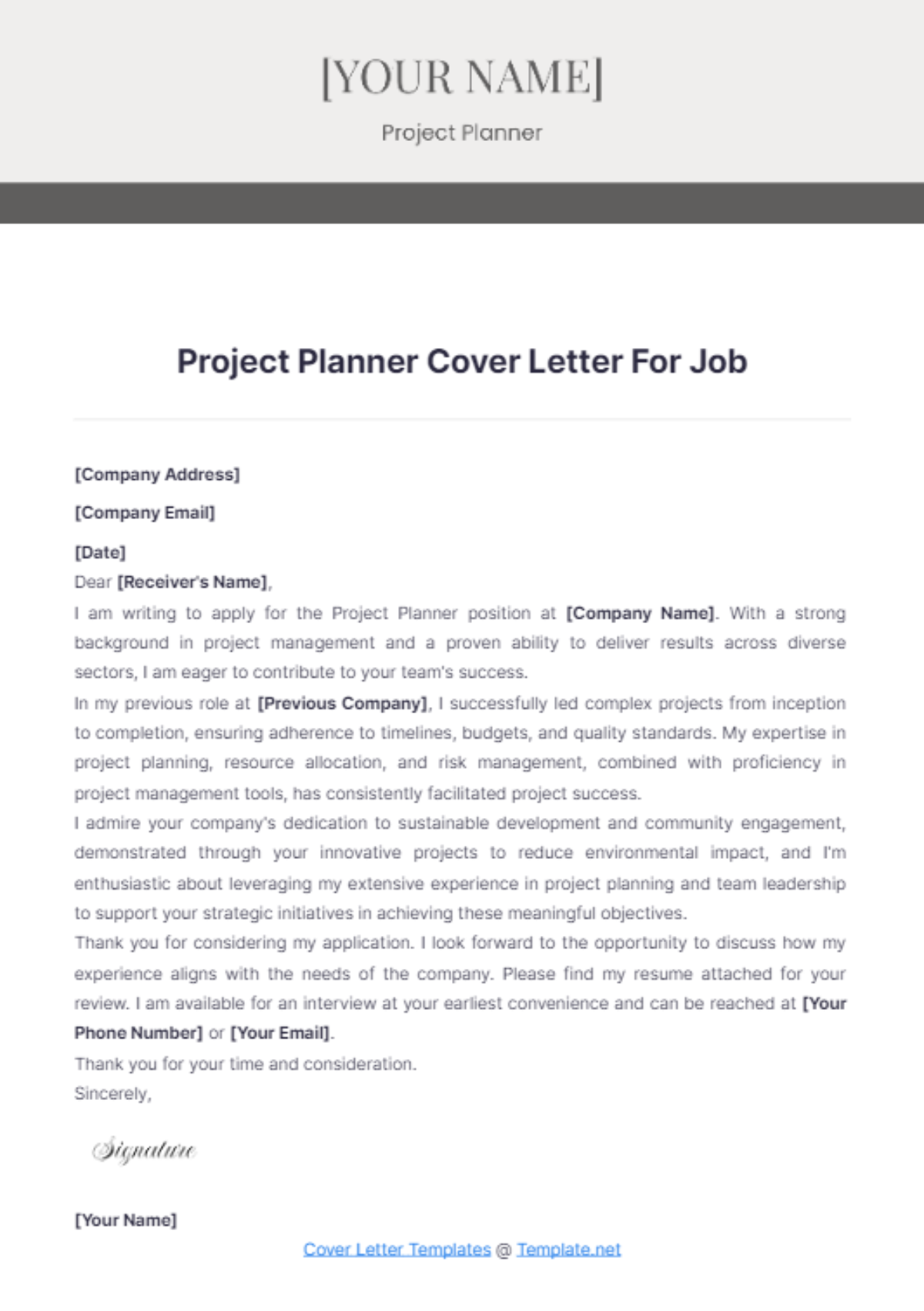 Free Project Planner Cover Letter For Job Template