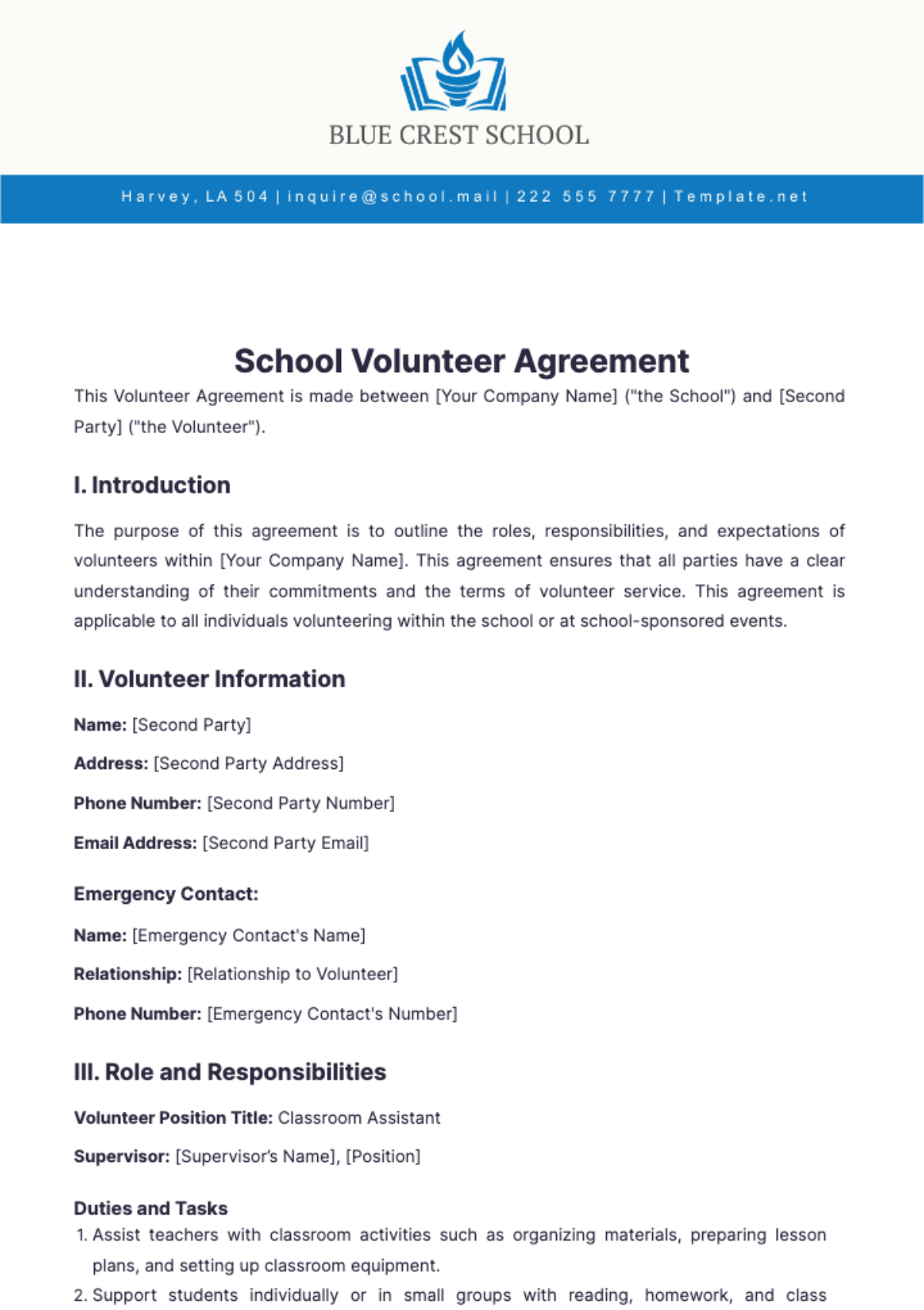 School Volunteer Agreement Template