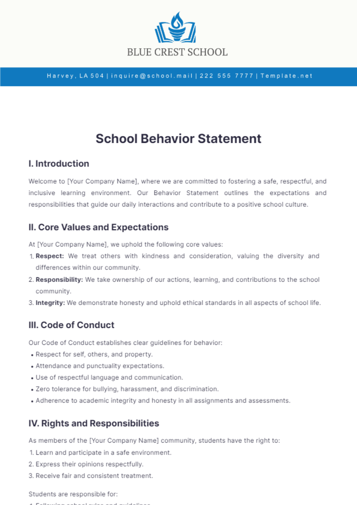 School Behavior Statement Template - Edit Online & Download