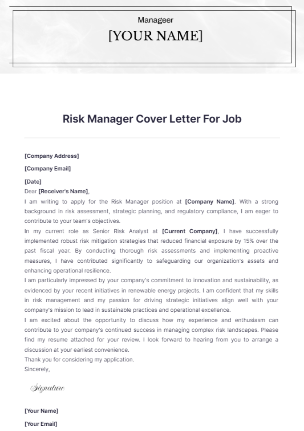 Risk Manager Cover Letter For Job - Edit Online & Download