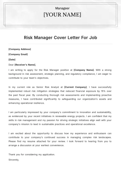 Free Risk Manager Cover Letter For Job to Edit Online
