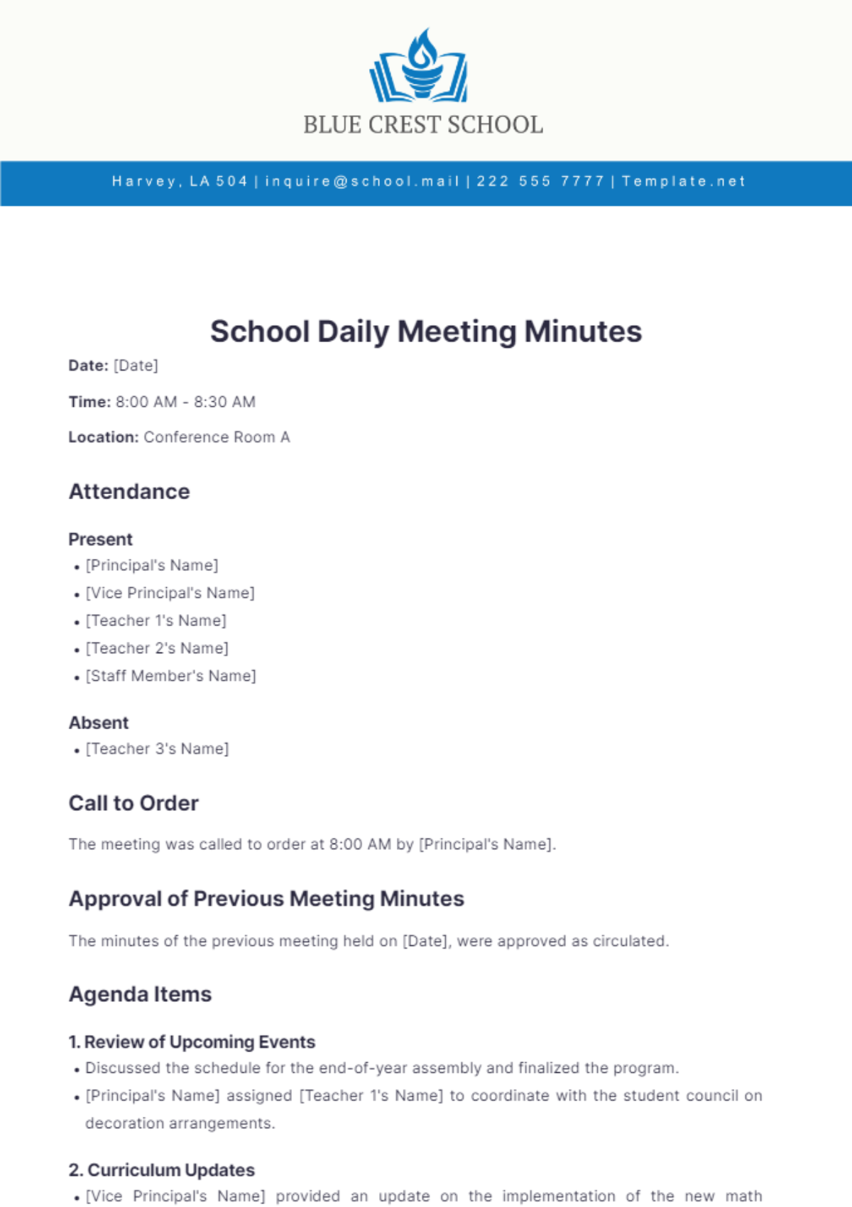 School Daily Meeting Minutes Template - Edit Online & Download