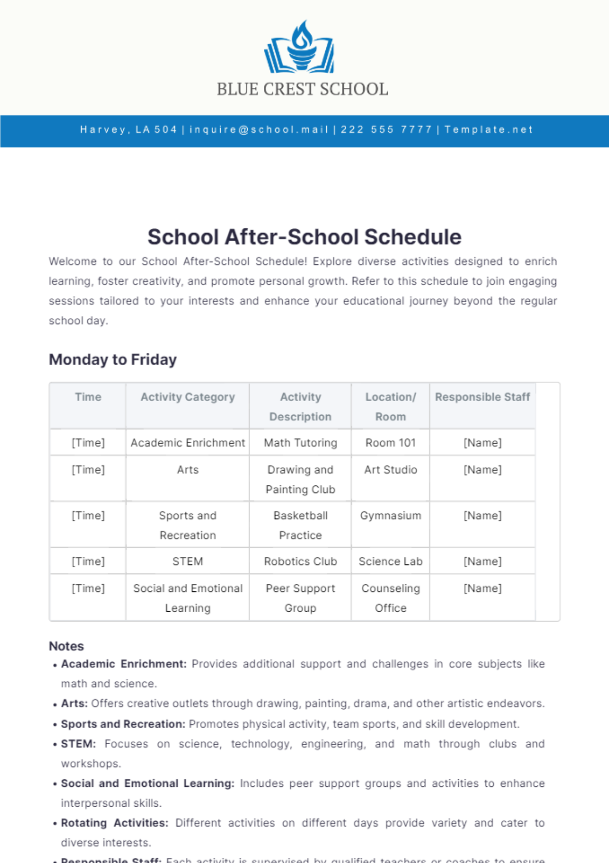 School After-School Schedule Template - Edit Online & Download