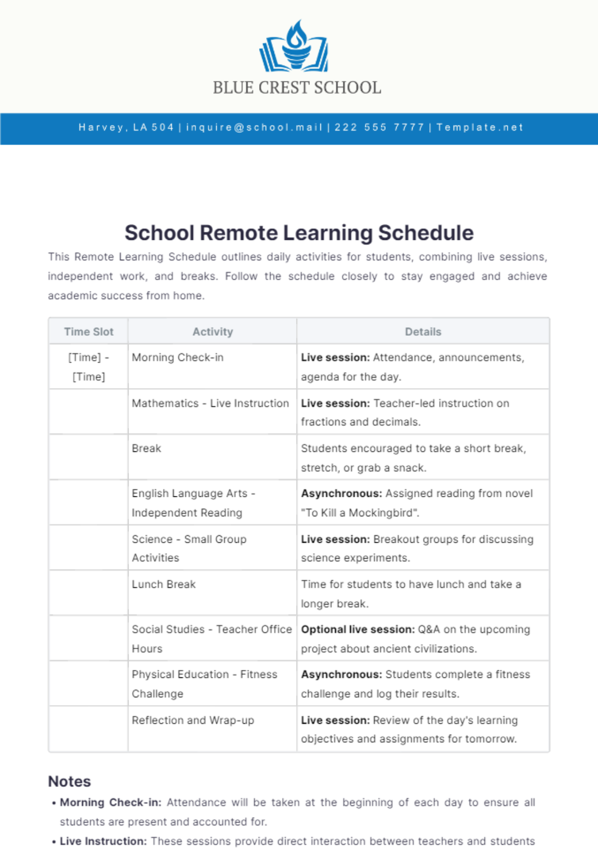 School Remote Learning Schedule Template - Edit Online & Download