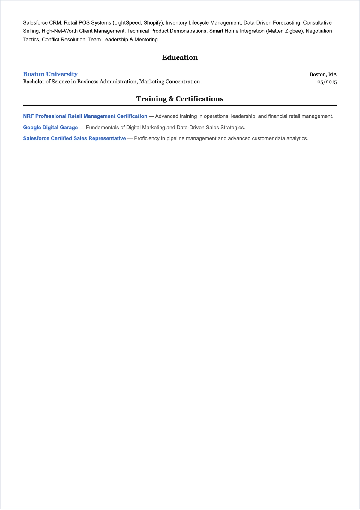 Free Experienced Sales Associate ATS Resume Template
