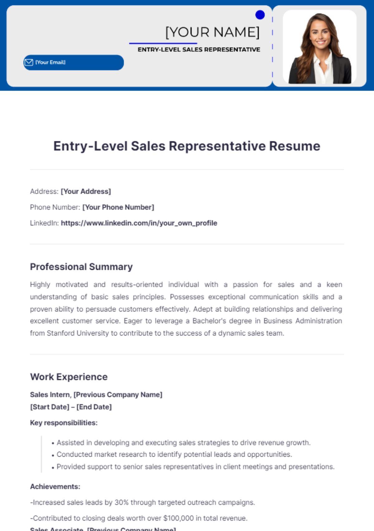 Entry-Level Sales Representative Resume - Edit Online & Download