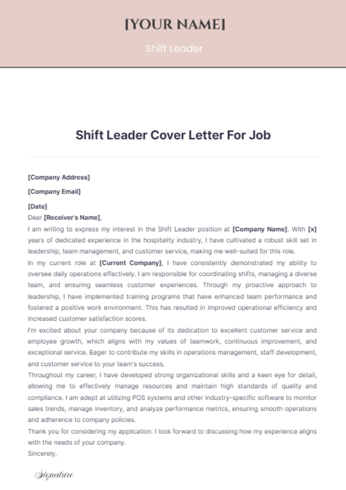 Shift Leader Cover Letter For Job - Edit Online & Download