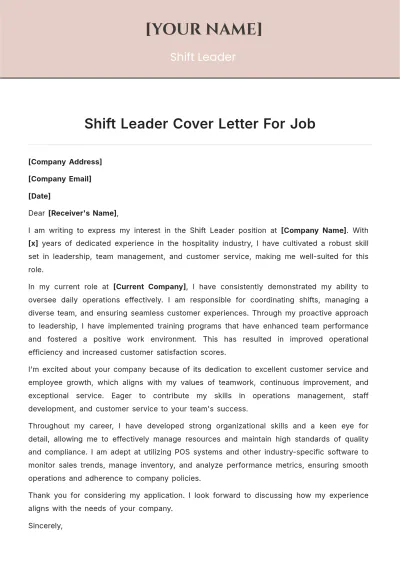 Free Shift Leader Cover Letter For Job to Edit Online