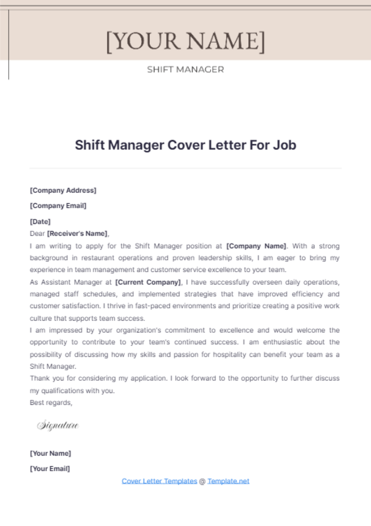 Shift Manager Cover Letter For Job - Edit Online & Download