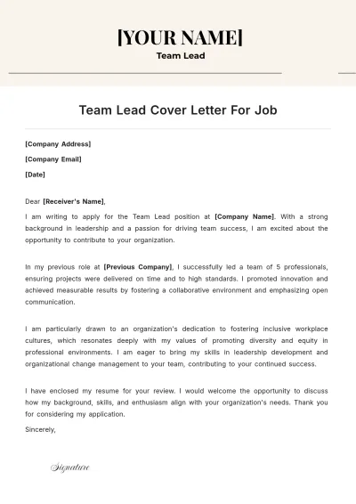 Free Team Lead Cover Letter For Job to Edit Online