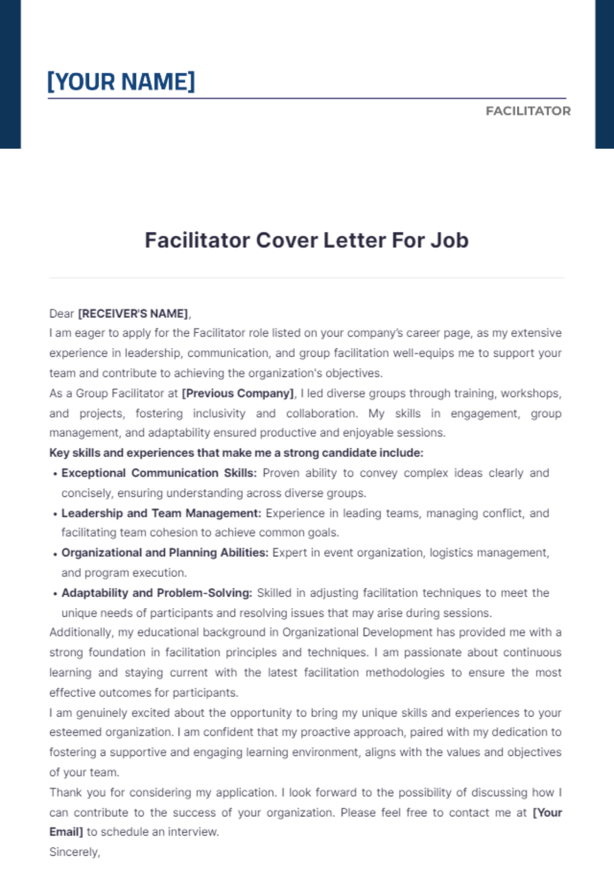 Facilitator Cover Letter For Job - Edit Online & Download