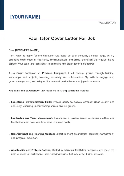 Free Facilitator Cover Letter For Job to Edit Online