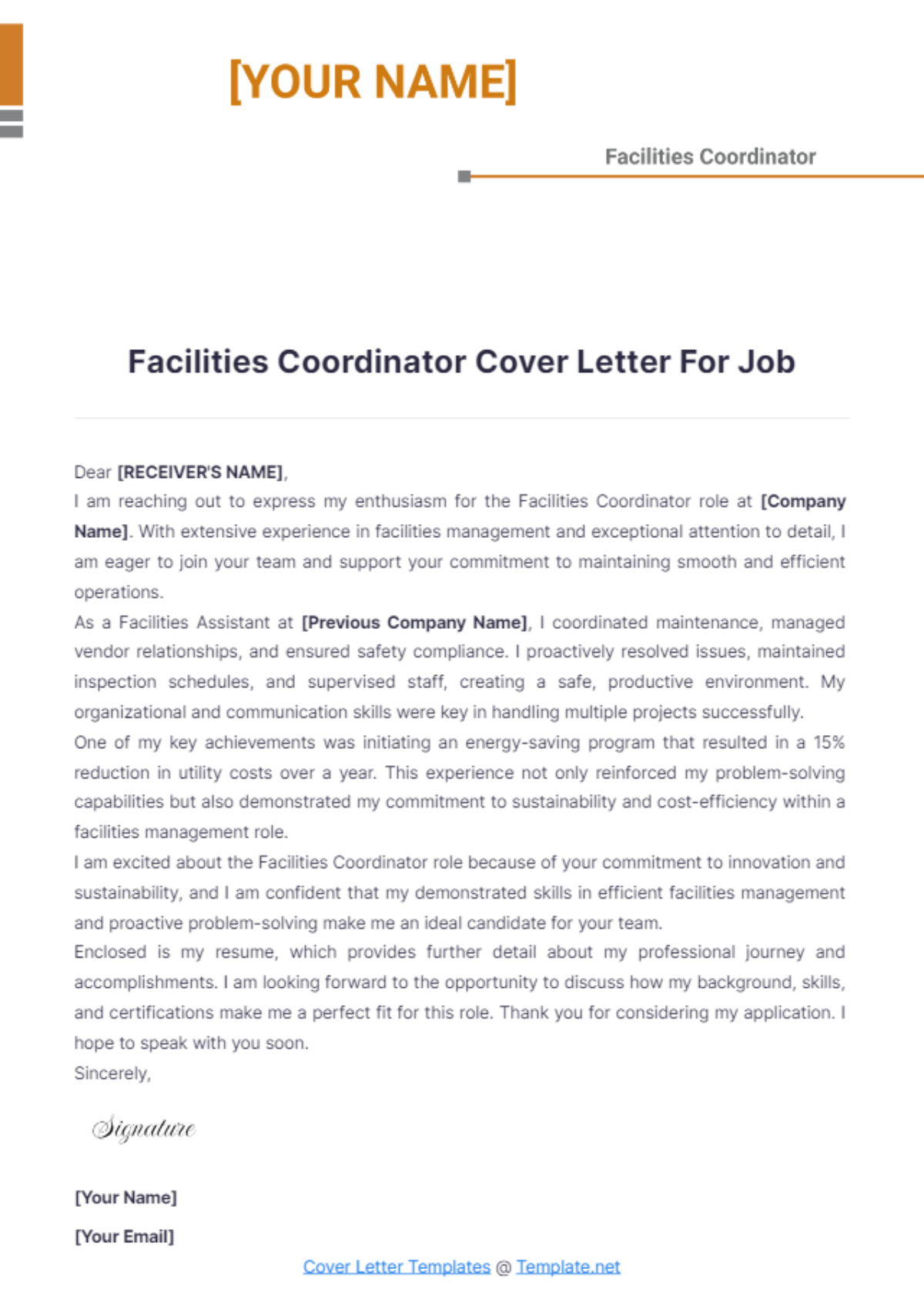 Facilities Coordinator Cover Letter For Job - Edit Online & Download