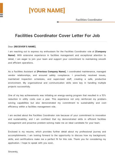 Free Facilities Coordinator Cover Letter For Job to Edit Online