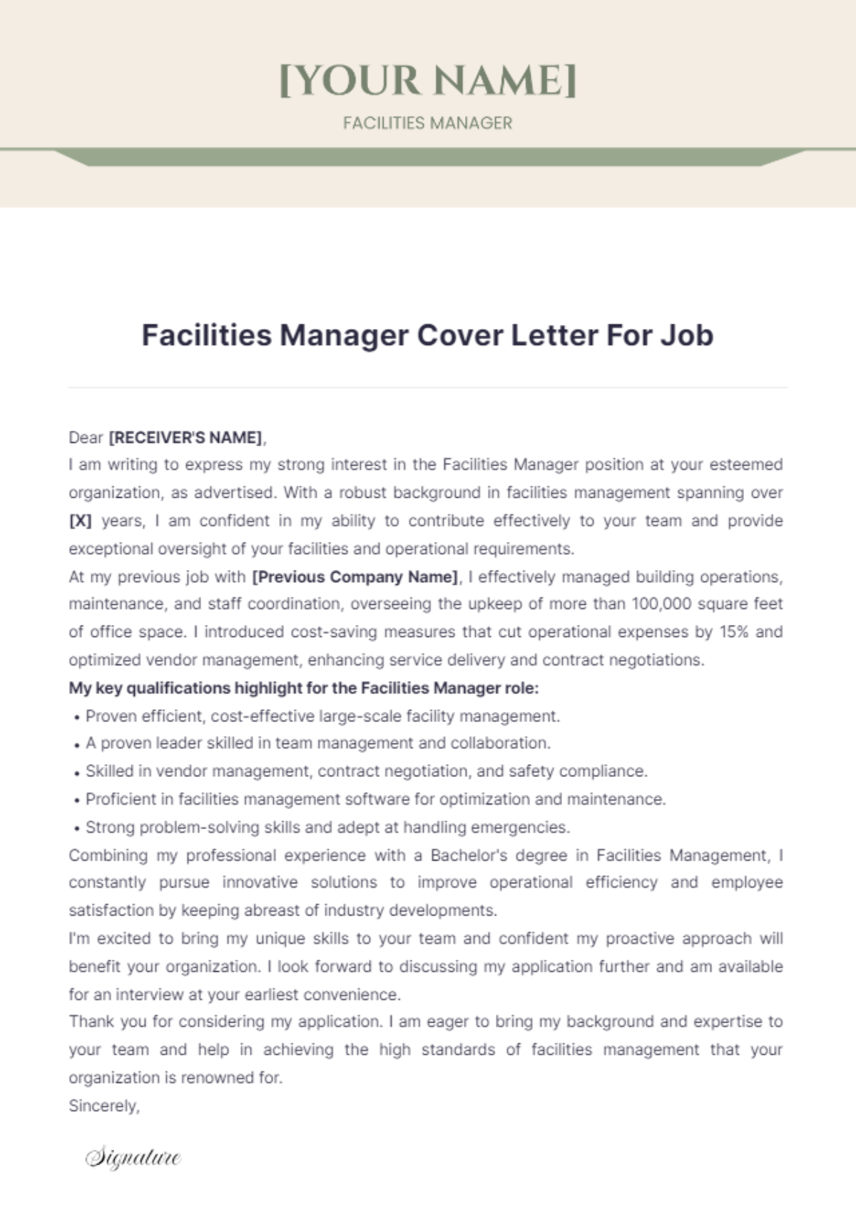 Facilities Manager Cover Letter For Job - Edit Online & Download