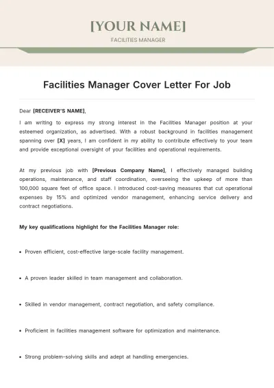 Free Facilities Manager Cover Letter For Job to Edit Online