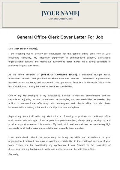 Free General Office Clerk Cover Letter For Job to Edit Online