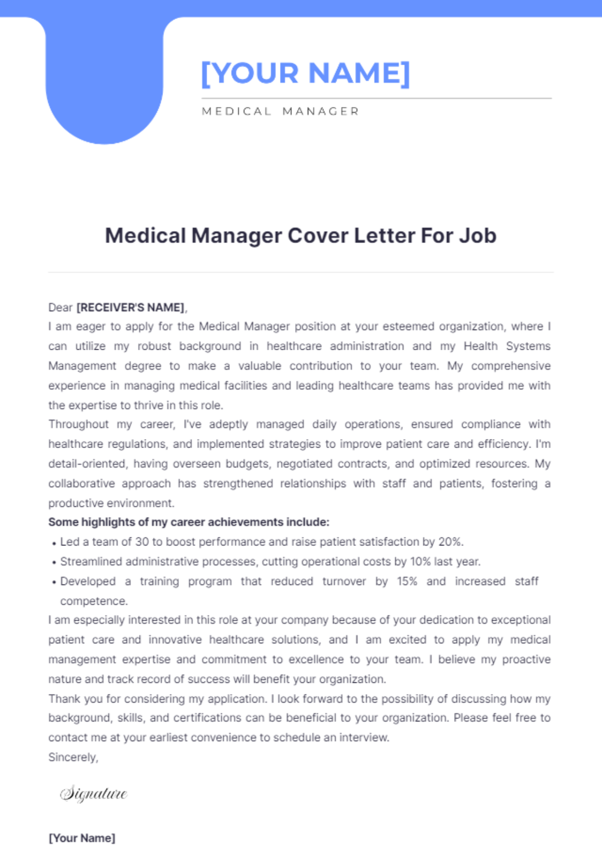 Medical Manager Cover Letter For Job - Edit Online & Download