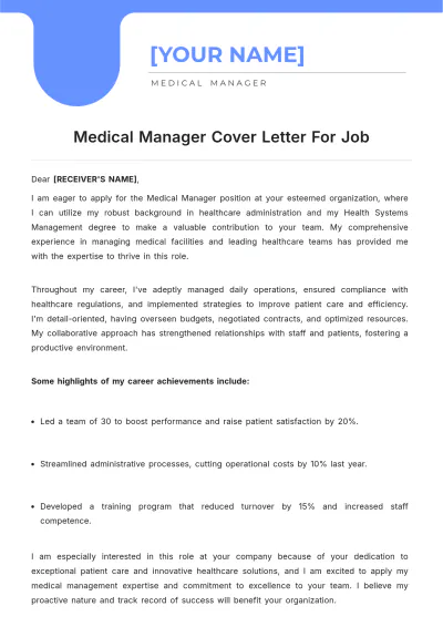 Free Medical Manager Cover Letter For Job to Edit Online