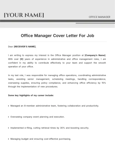 Free Office Manager Cover Letter For Job to Edit Online