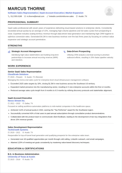 Free Software Sales Representative ATS Resume Template