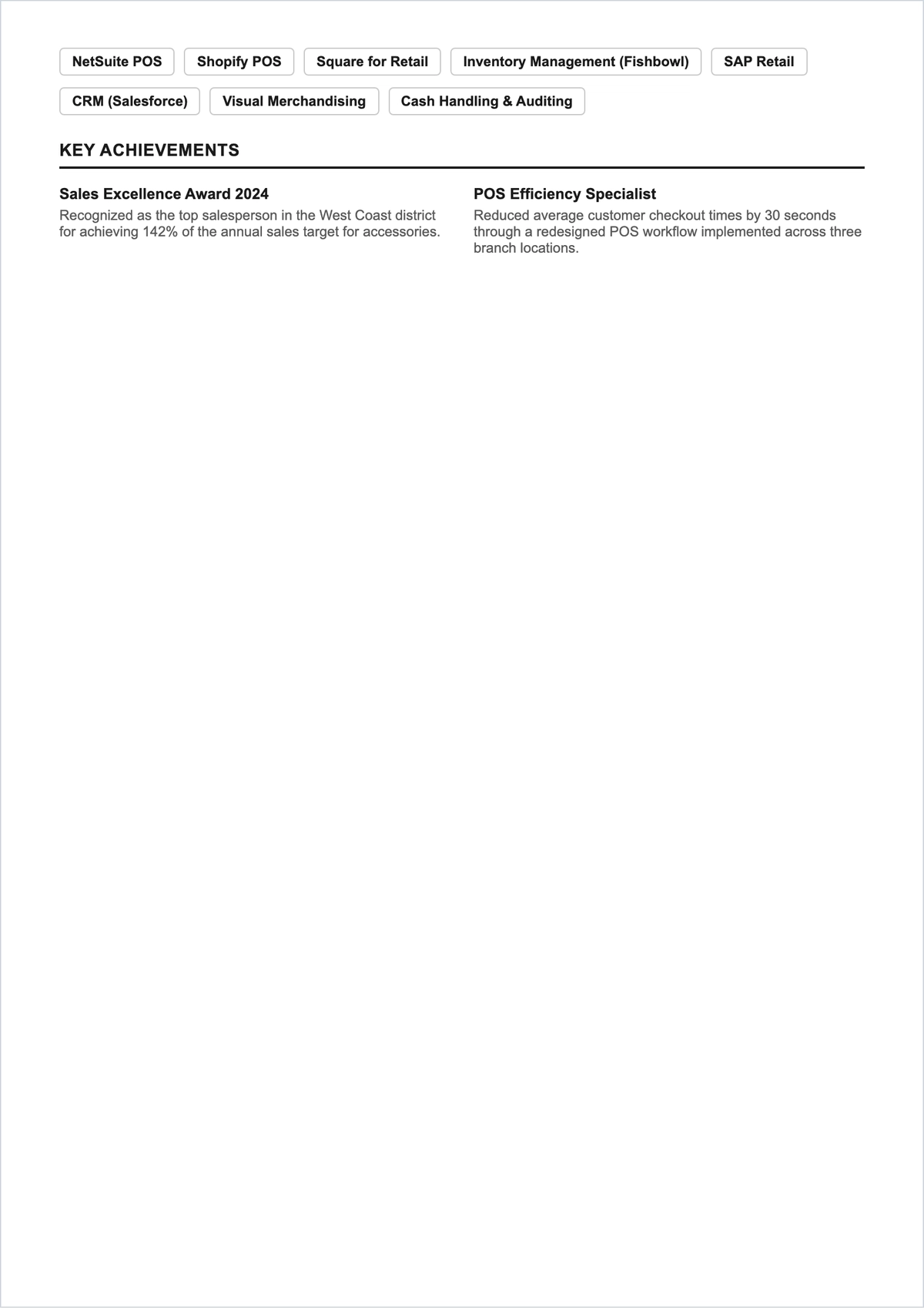 Free Experienced Retail Sales Associate ATS Resume Template