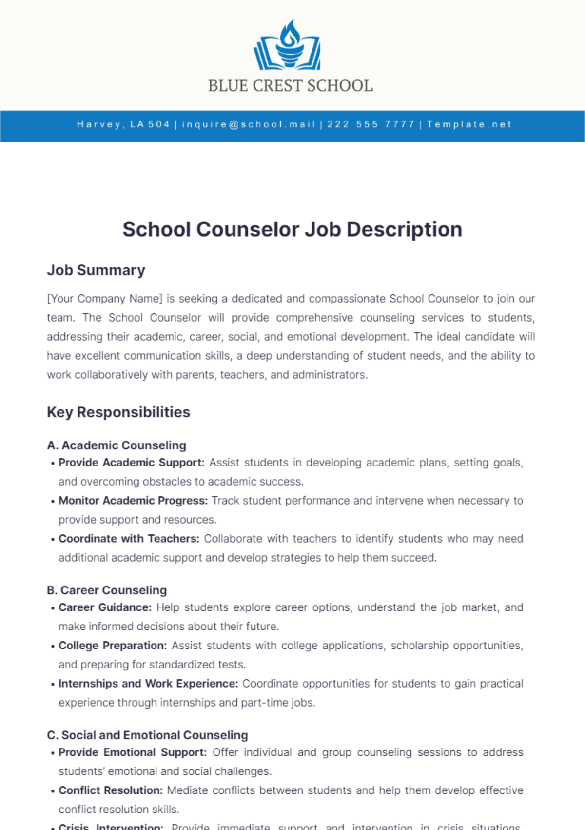 School Counselor Job Description Template - Edit Online & Download