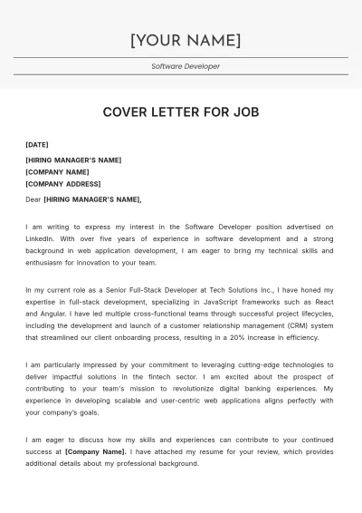 Free Cover Letter For Job to Edit Online