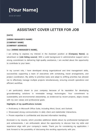 Free Assistant Cover Letter For Job to Edit Online