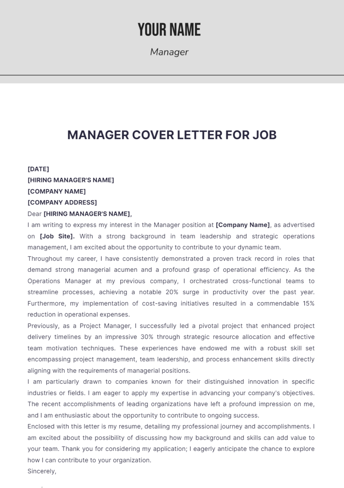 Manager Cover Letter For Job - Edit Online & Download