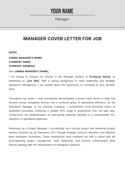 Free Manager Cover Letter For Job to Edit Online