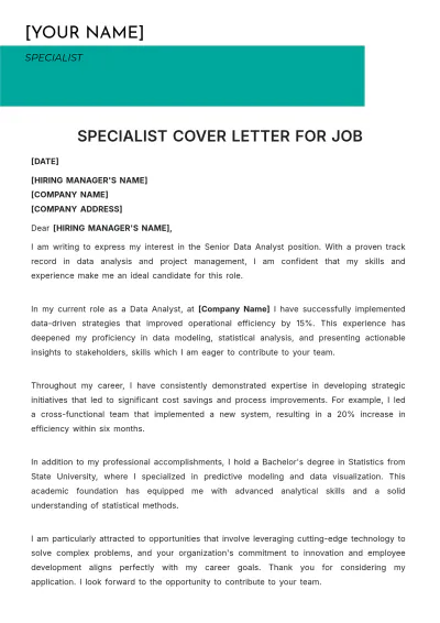 Free Specialist Cover Letter For Job to Edit Online