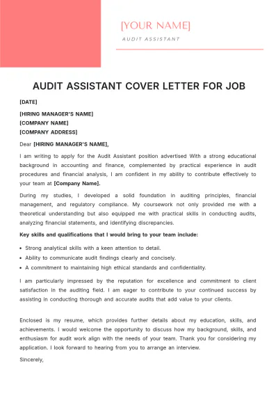 Free Audit Assistant Cover Letter For Job to Edit Online