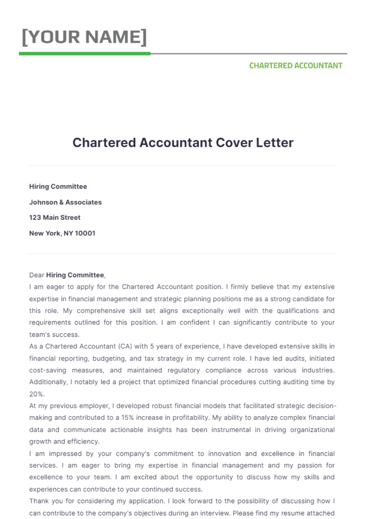 Chartered Accountant Cover Letter - Edit Online & Download