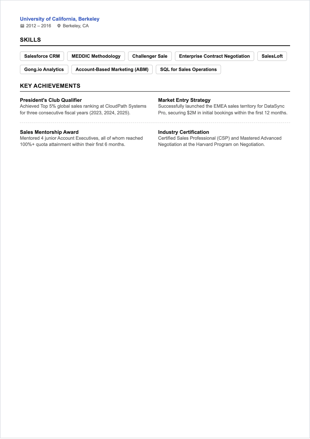 Free Professional Salesman ATS Resume Template, AI Resume Builder