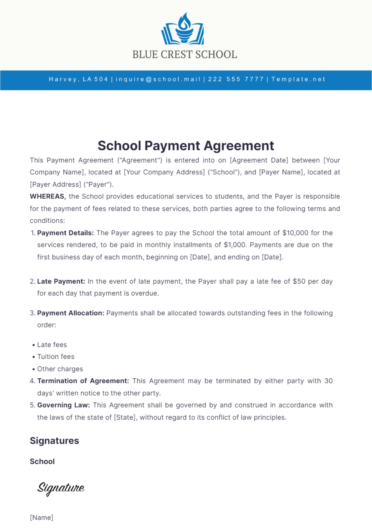 School Payment Agreement Template