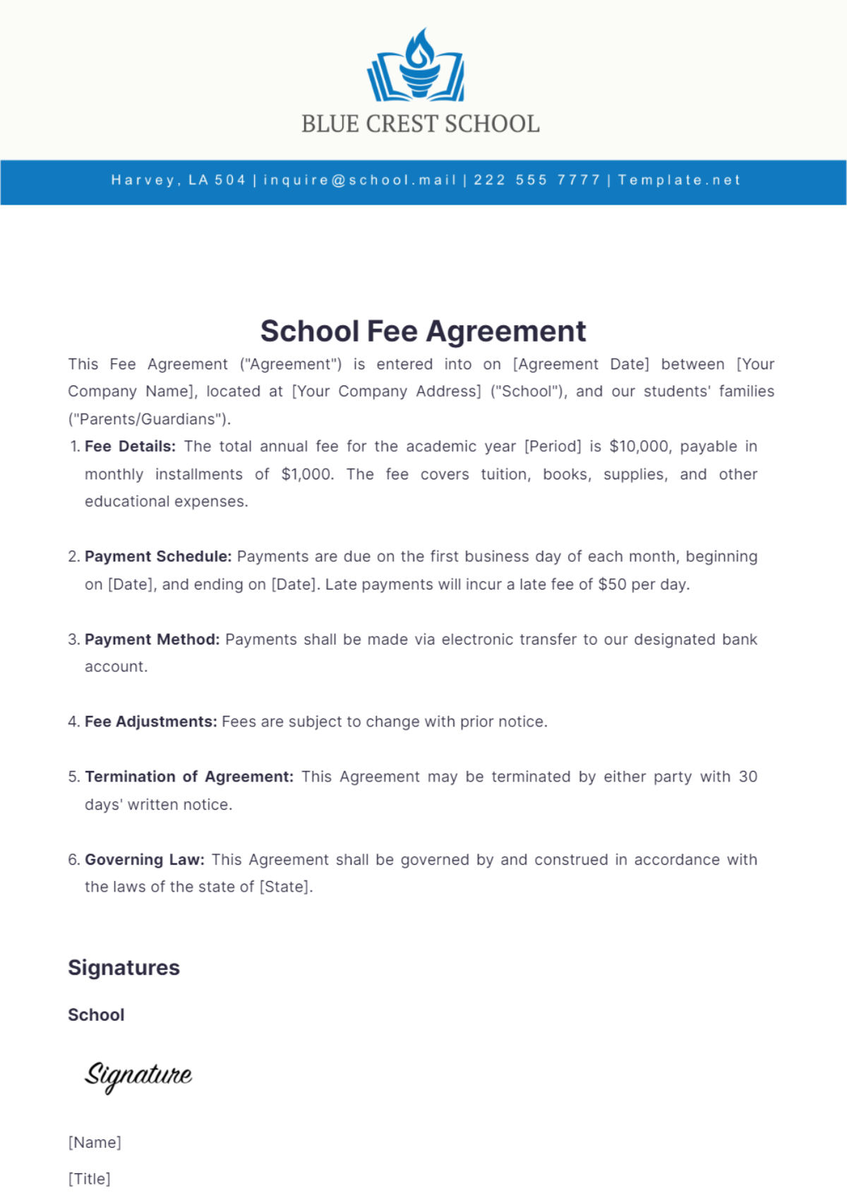 School Fee Agreement Template