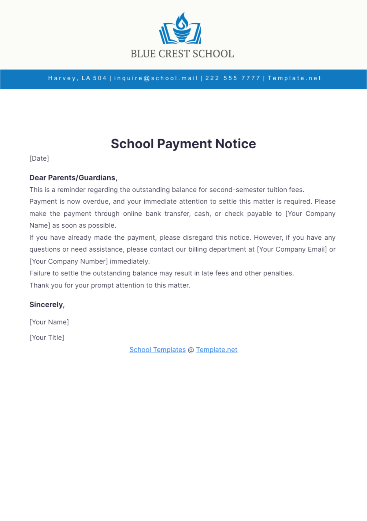 School Payment Notice Template - Edit Online & Download