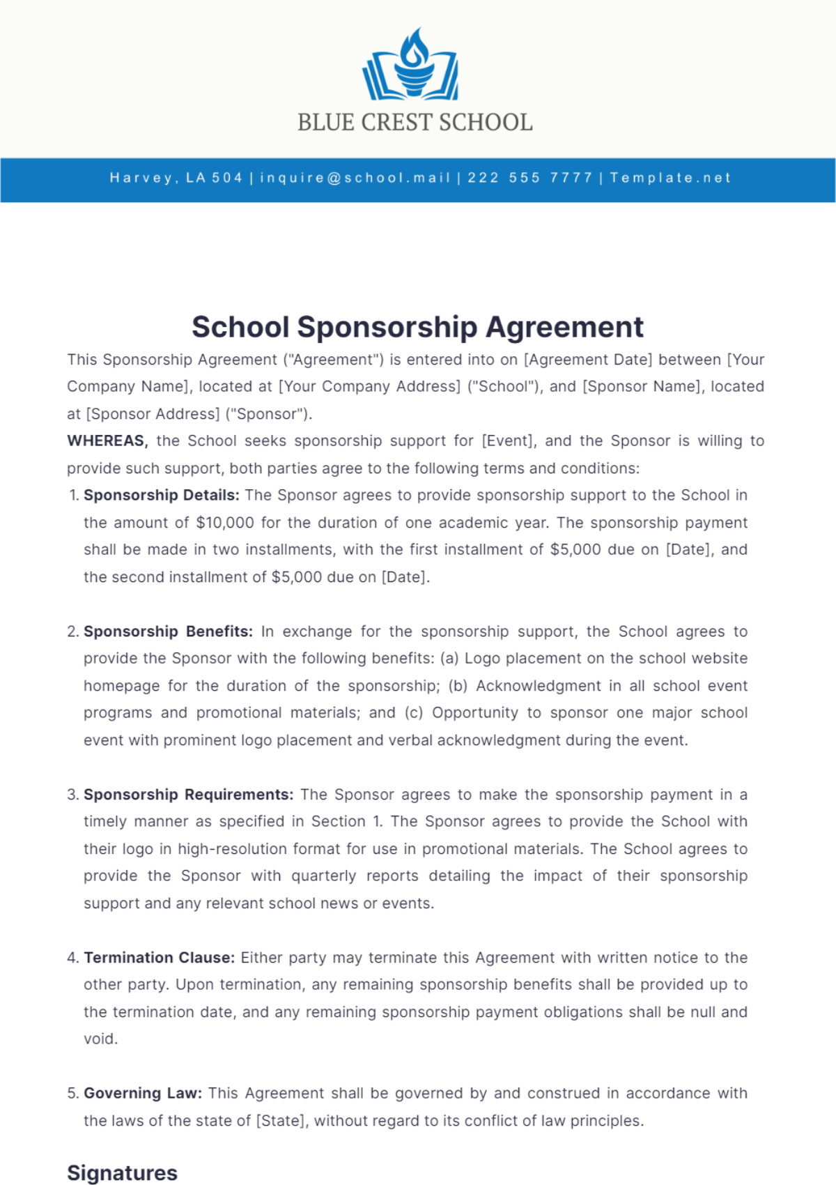 School Sponsorship Agreement Template