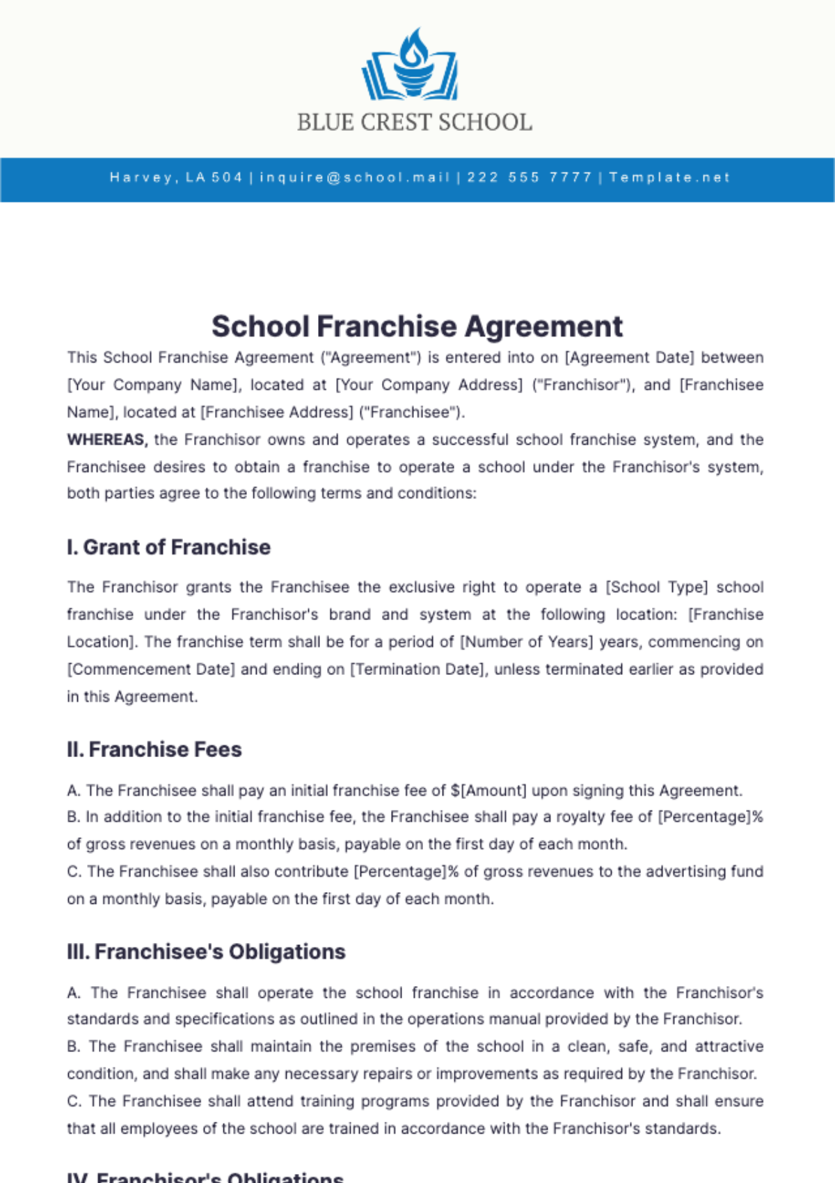 School Franchise Agreement Template