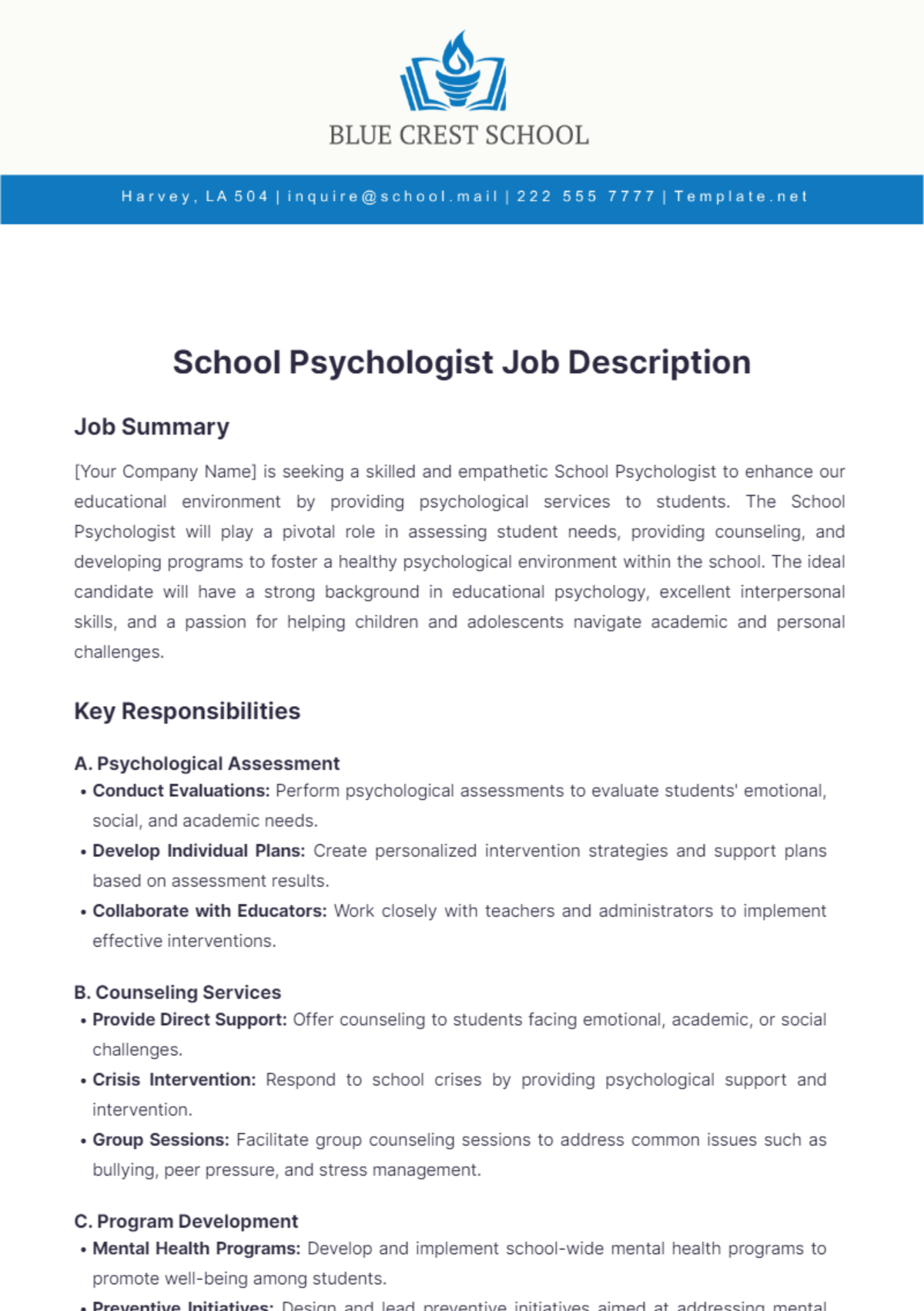 School Psychologist Job Description Template - Edit Online & Download