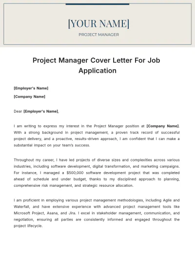 Free Project Manager Cover Letter For Job Application to Edit Online