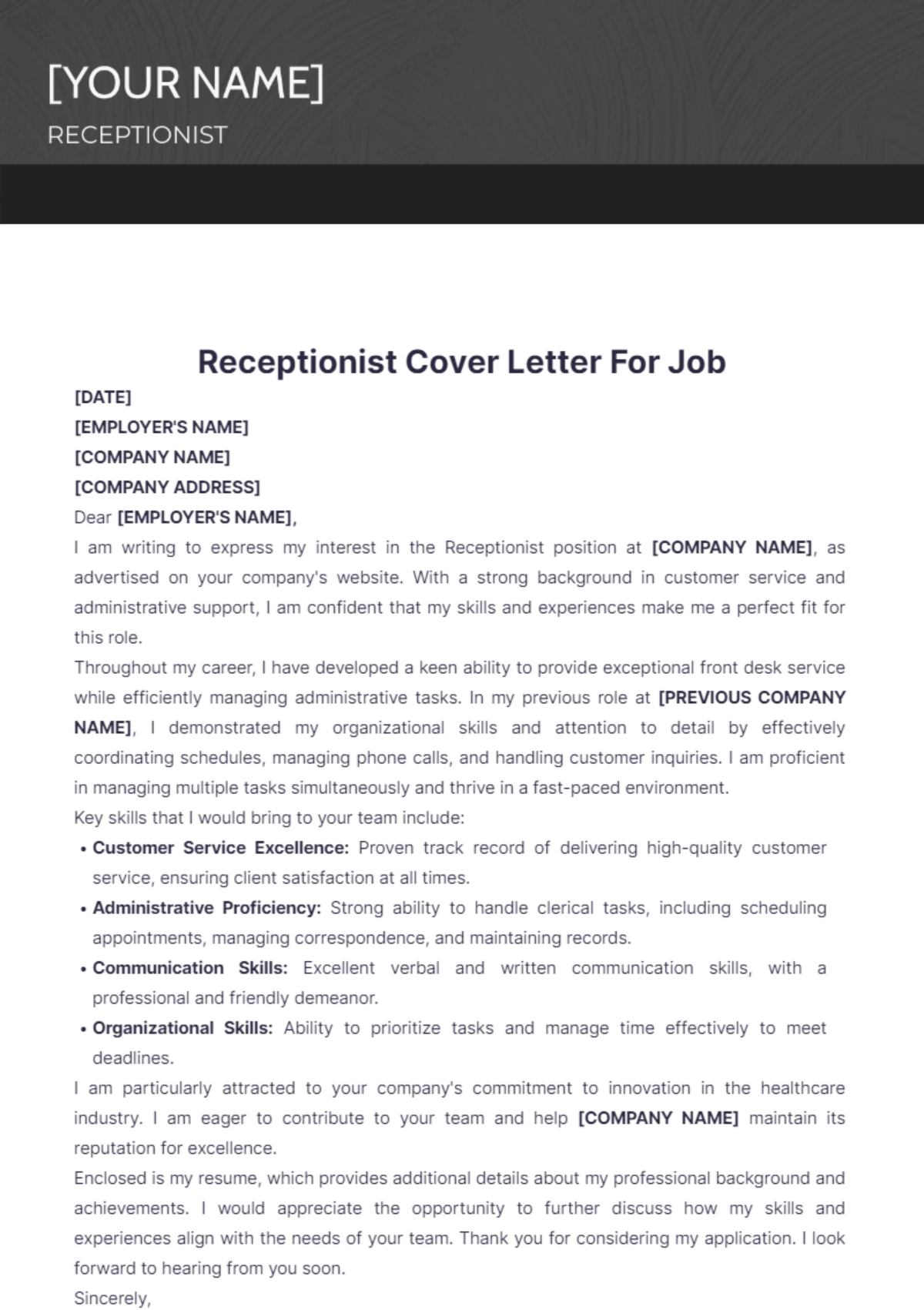 Receptionist Cover Letter For Job - Edit Online & Download