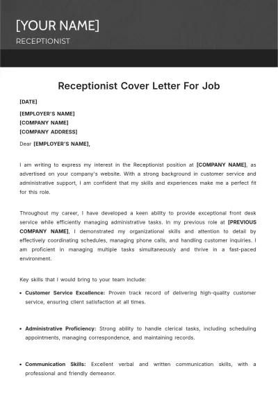 Free Receptionist Cover Letter For Job to Edit Online