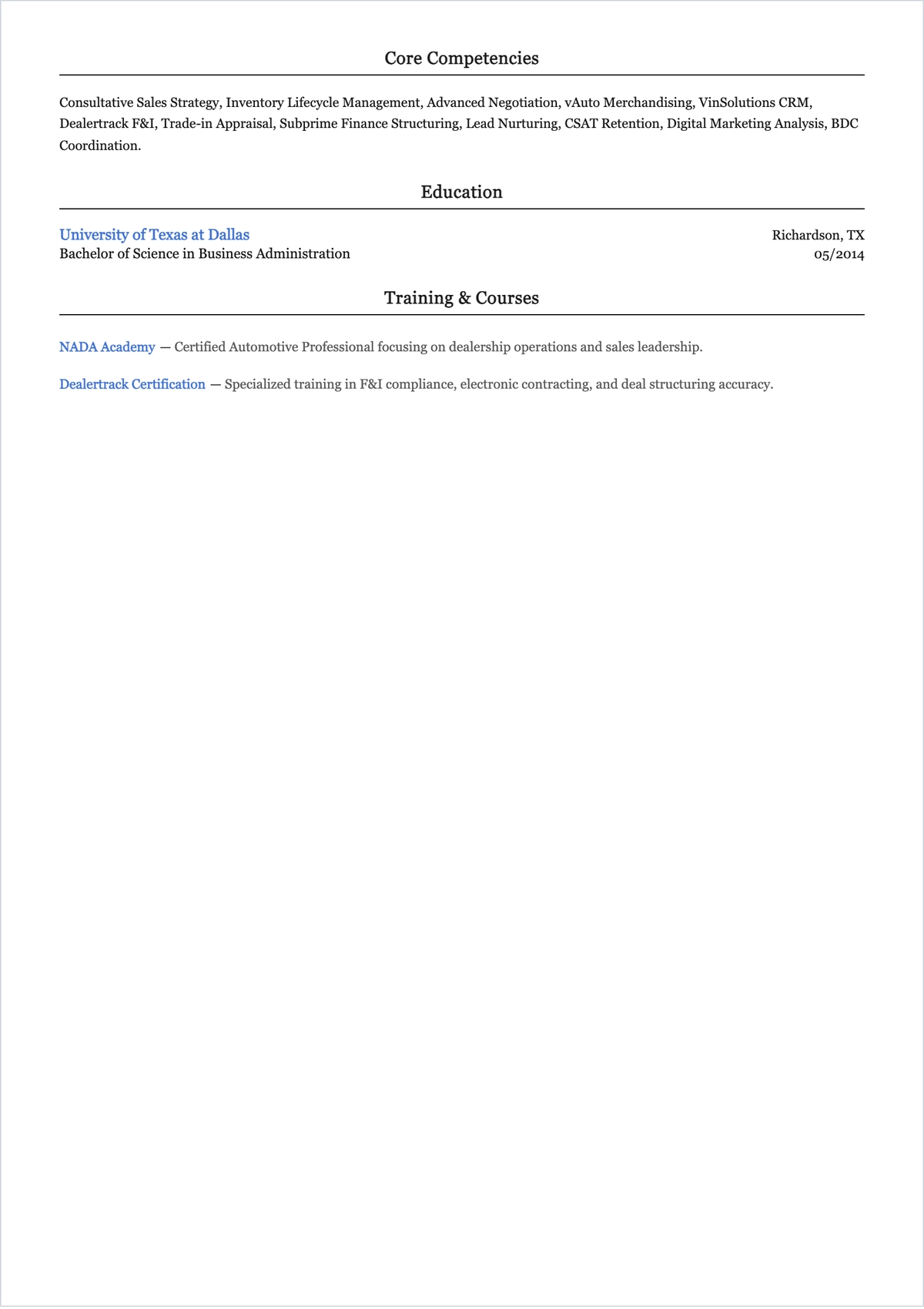 Free Used Car Salesman ATS Resume Template, AI Resume Builder