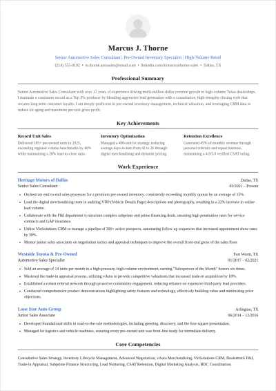 Free Used Car Salesman ATS Resume Template, AI Resume Builder