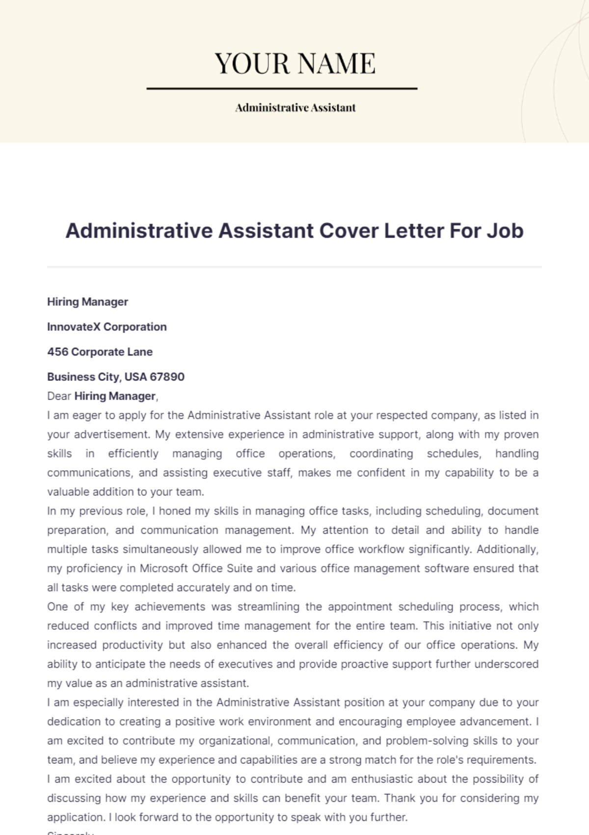 Administrative Assistant Cover Letter For Job - Edit Online & Download