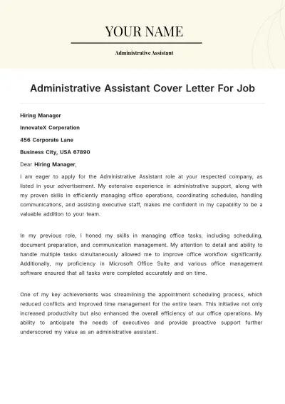 Free Administrative Assistant Cover Letter For Job to Edit Online